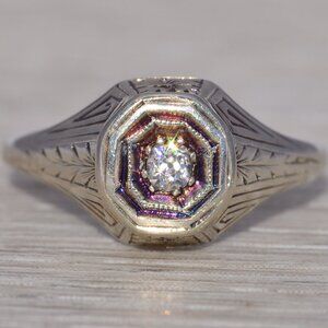 Old Mine Cut Natural Diamond Ring in White Gold